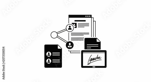 A black and white graphic illustrating digital document signing