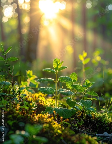 Young green plants in forest sunlight.