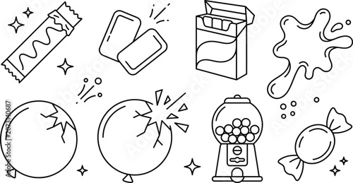 Foto Chewing gum and candy line icon set featuring bubble gumball machine pack splash