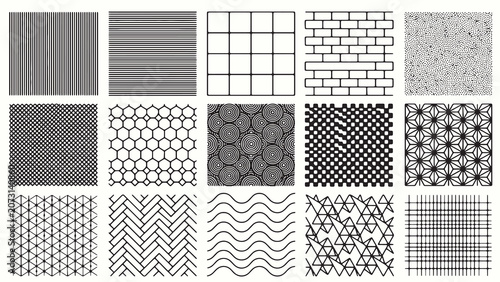 Grid of geometric textures and line arrangements in black and white