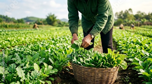 Farmer harvesting fresh green leafy vegetables in a farm field