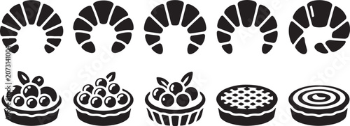 Quadro su tela Bakery collection showcasing buttery flaky croissants and assorted fruit tartlets on isolated grey background for food marketing