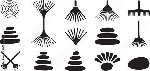 Photography Gardening rake tools and zen stone stack icons collection featuring garden maintenance equipment and relaxation spa decorations