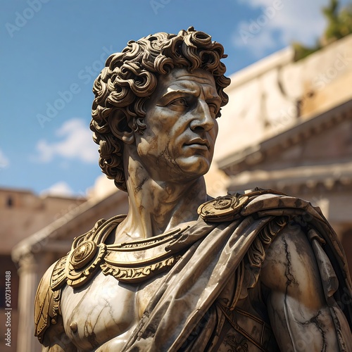 Bronze sculpture of a stoic man outdoors, with architectural background