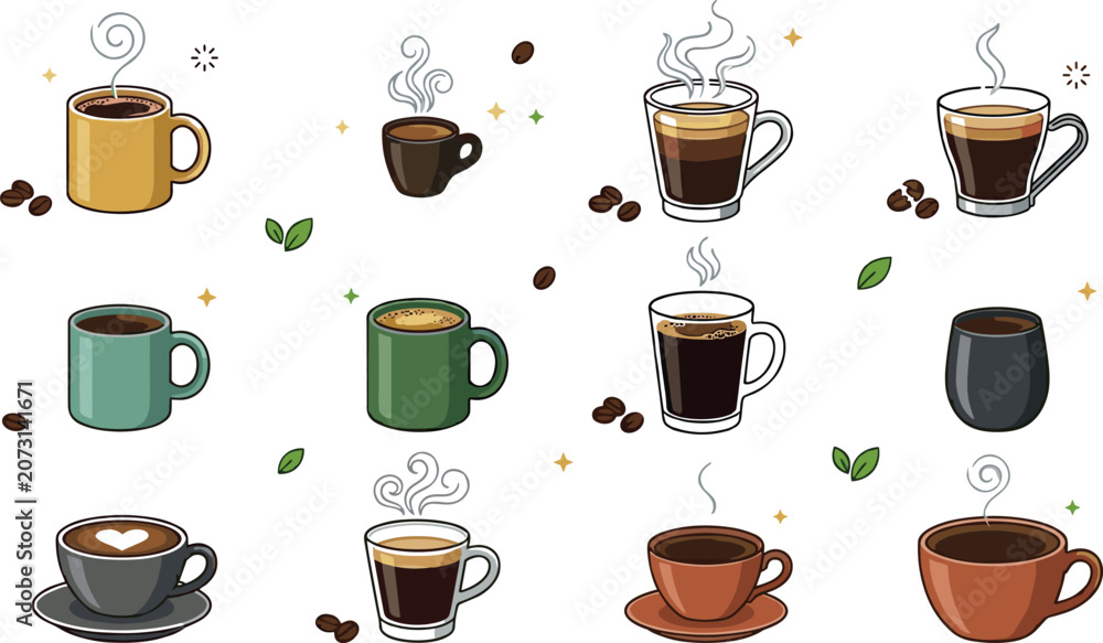 Fototapeta premium Hand drawn coffee cup collection featuring espresso, cappuccino, latte, americano, mocha, and hot café beverages in colorful ceramic mugs