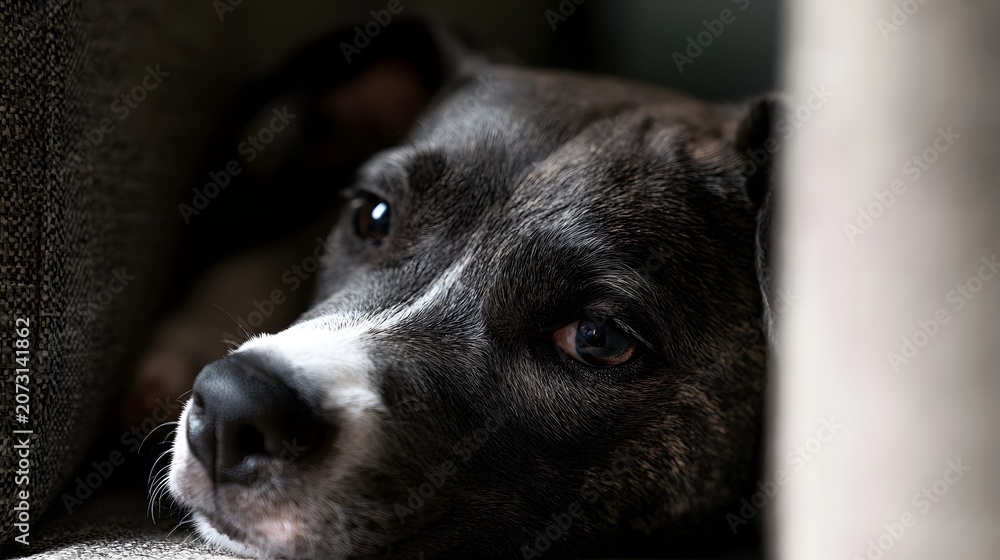 Fototapeta premium A cute sleepy puppy peeks out from behind a couch embodying a feeling of beautiful serenity and cozy domestic comfort