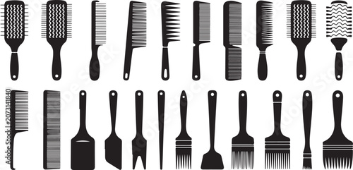 Bild auf Leinwand Hair salon equipment collection showing various professional styling combs and grooming brushes for hairdressers on grey background