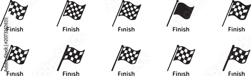 Collection of finish line checkered flags icons representing race conclusion competition achievement victory and final stop point.