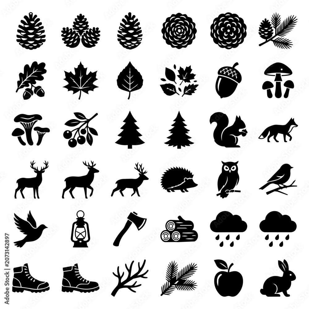 Obraz premium Forest Nature and Woodland Animal Black Icon Set