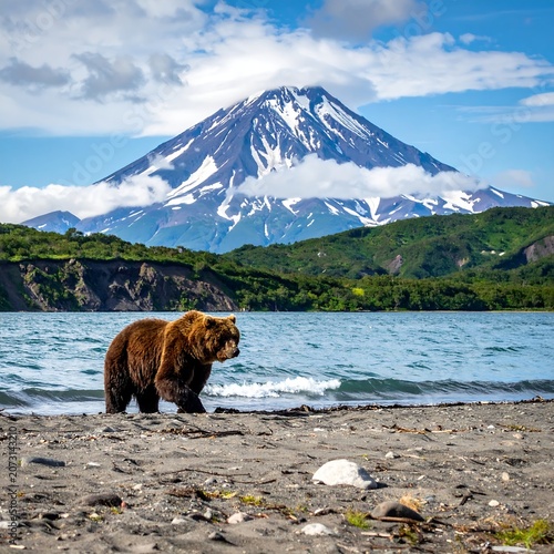 Brown bear on a sandy beach looking toward a snow-capped mountain