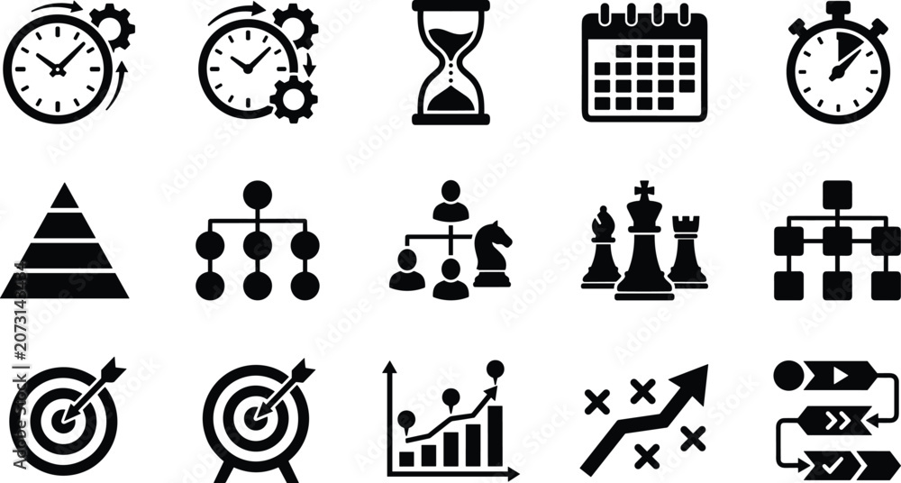 Fototapeta premium Business project management workflow and strategic planning black silhouette icon set
