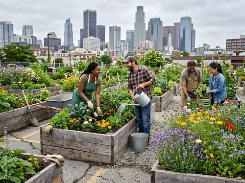 Group of people tending community garden on rooftop.