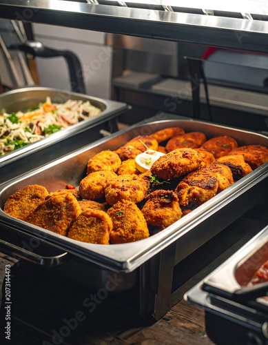 Buffet display featuring golden-brown patties, other food trays