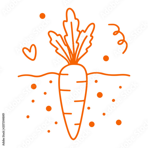 Simple orange line drawing of a carrot with leafy greens and playful scattered elements. Doodle
