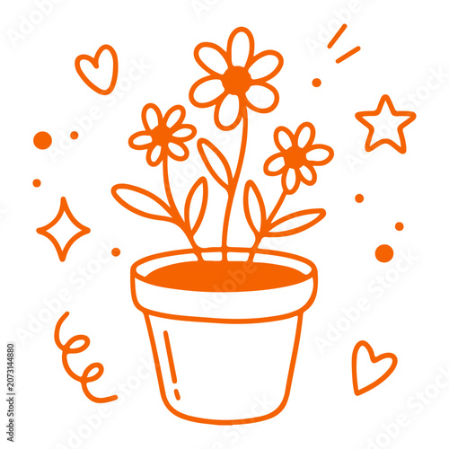 Simple line drawing of a potted plant with three daisy-like flowers and cheerful decorative elements. Doodle