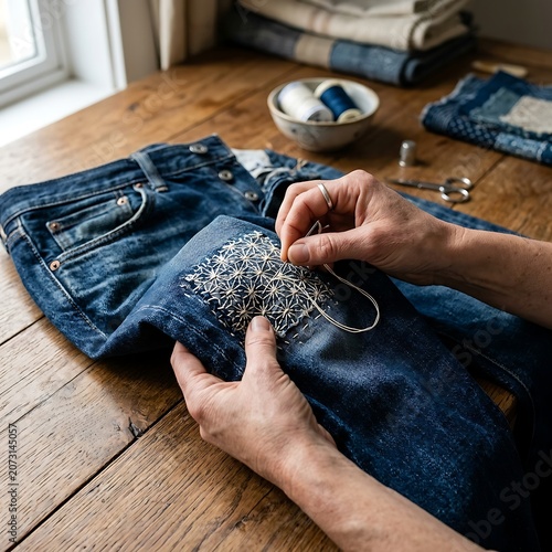 Hand repairing denim jeans with sashiko embroidery.