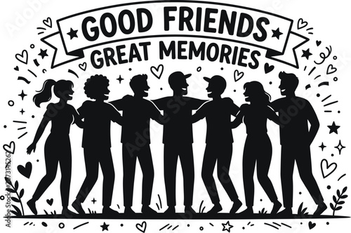 Friendship day celebration silhouette of diverse friends arms around shoulders vector illustration