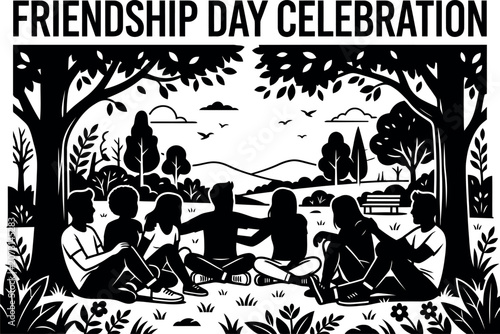 Friendship day celebration friends gathering in park black and white vector illustration