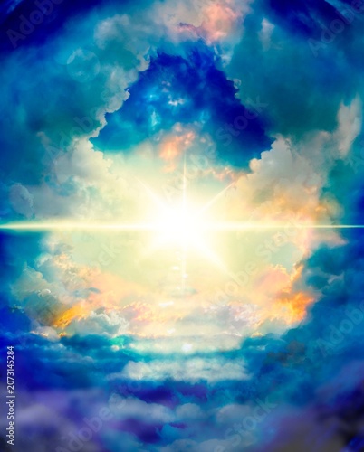 Wide size landscape illustration of a beautiful entrance to heaven, shining divinely through the rainbow-colored clouds.
