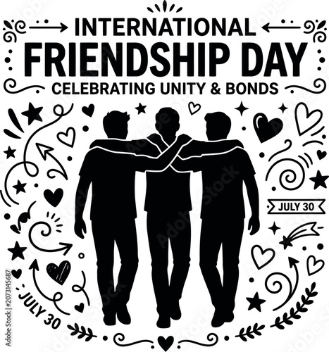 International friendship day celebration three friends silhouette with hearts and decorative elements