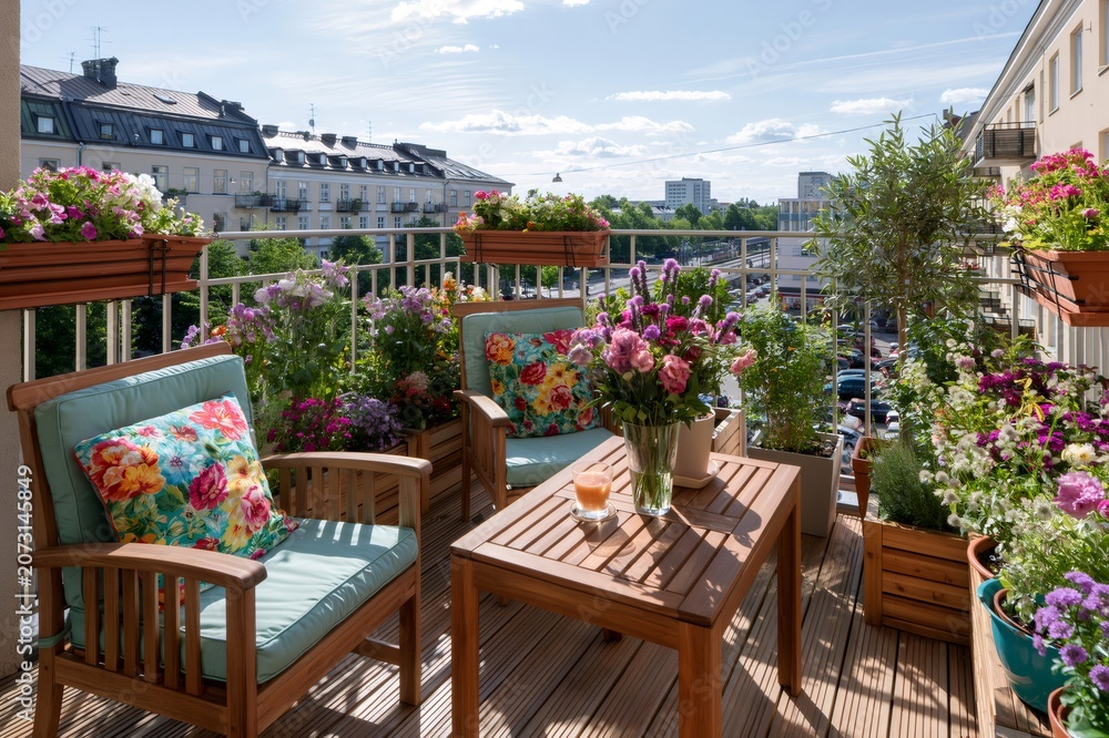 Obraz premium Cozy balcony garden furnishing with summer flowers and city view