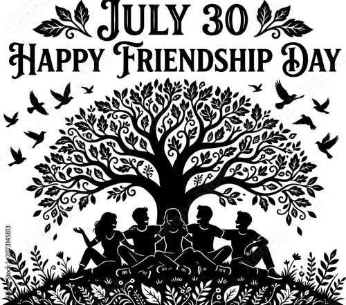 Happy friendship day july 30th celebration with friends under tree silhouette