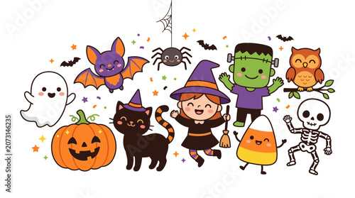 A colorful Halloween scene with a girl, monsters, and animals celebrating outdoors at night.