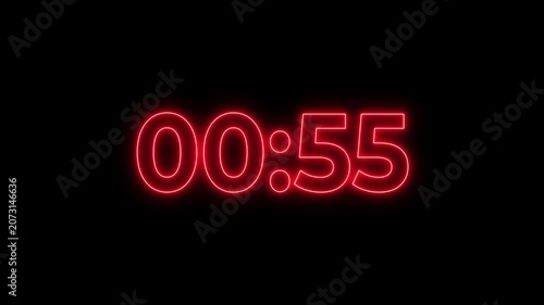 1 Minutes countdown timer with black background. 4K UHD countdown animation. Digital clock timer 1:00 to 00:00. no Sound.