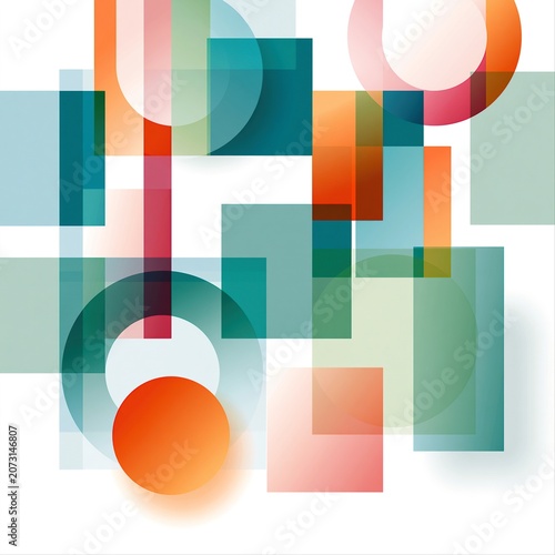 Colorful shapes fill the space with circles and squares arranged in a random pattern on a white background