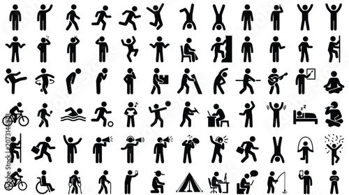 A comprehensive vector illustration set featuring black stick figure icons performing various dynamic daily actions
