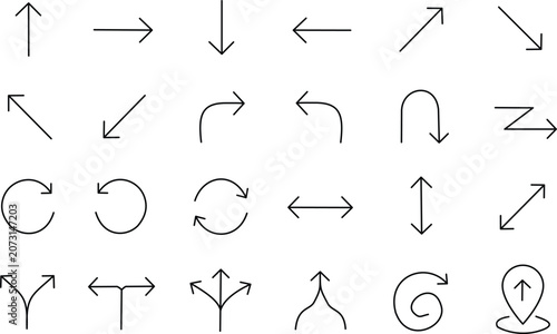 Collection of various black arrows isolated on white background, hand drawn arrow icon set with directional and circular signs