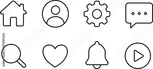 Set of eight black line icons isolated on white background, simple outline symbols with home profile settings and search signs 