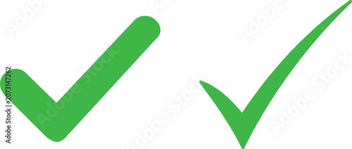Two green checkmarks isolated on white background, simple check mark icon set for approval confirmation and success symbol