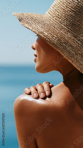 Woman applying sunscreen on shoulder with straw hat by ocean on sunny summer day