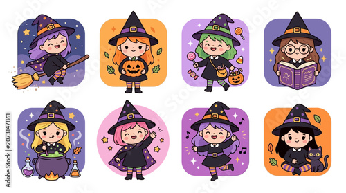 Cute cartoon witch girls in various Halloween costumes and poses with magic items on colorful backgrounds.