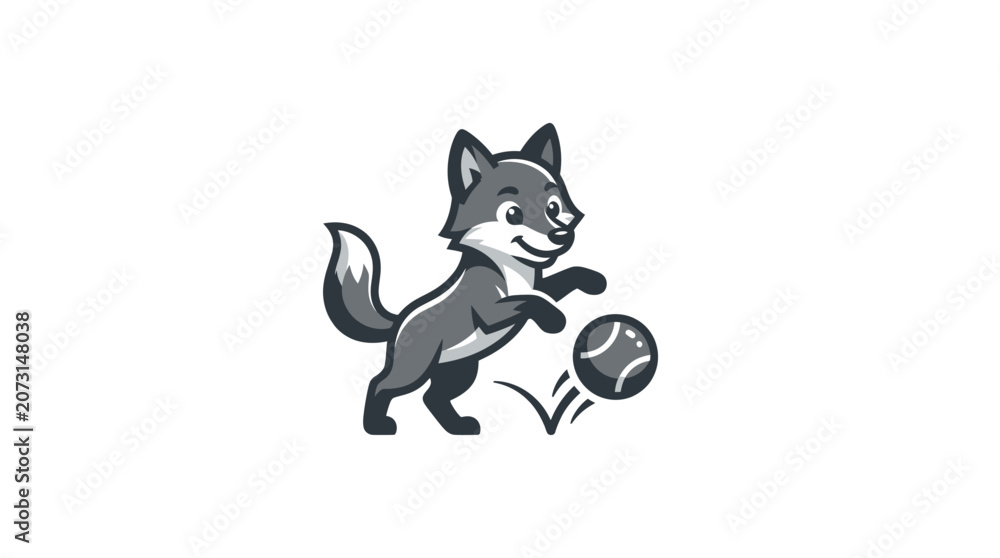 Fototapeta premium Cartoon wolf playing with soccer ball.