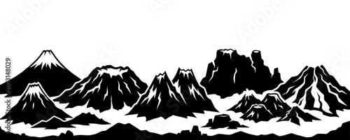 Photos Collection of Black and white silhouette panorama of various mountains and volcanoes, conveying rugged natural landscapes and geological formations with distinct peaks and craters in a clean graphic