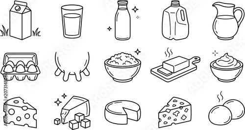 Bild auf Leinwand Dairy product and milk line icon set featuring cheese butter yogurt egg carton u