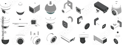 Foto Isometric collection of security surveillance cameras in various designs and col