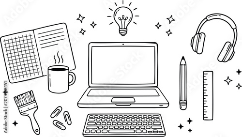 Creative Workspace with Laptop and Office Supplies Illustration Flat Design