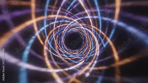 Colorful glowing spiral light tunnel abstract.