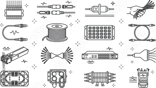 Photos Fiber optic network cable line icon set featuring transceiver patch panel connec