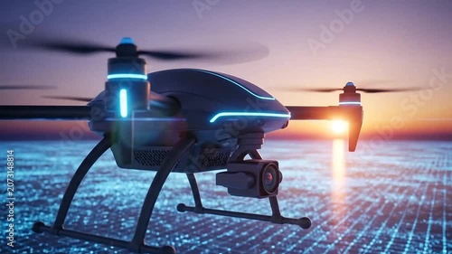 Modern drone hovering above glowing blue digital landscape.