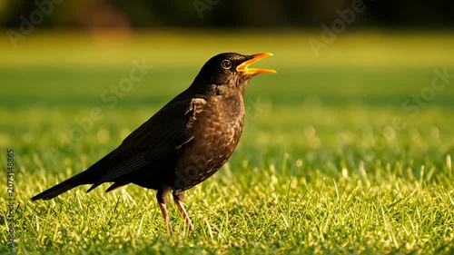 Common blackbird standing on a green grass lawn.