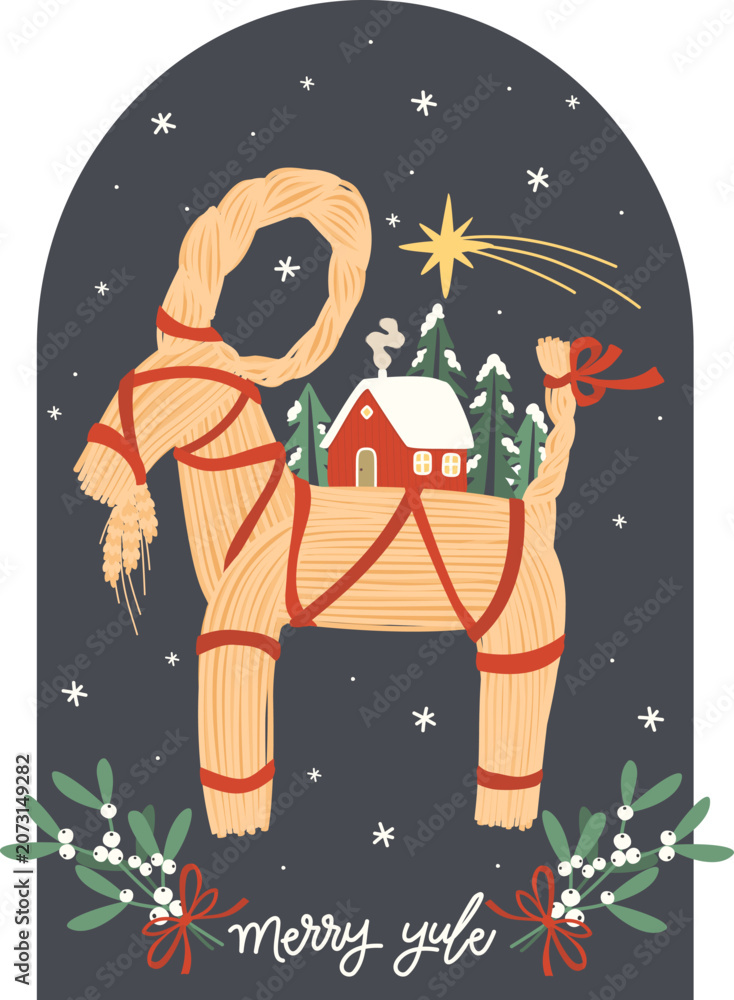 Fototapeta premium Traditional Scandinavian Yule Goat Greeting Card with Merry Yule Lettering. Nordic Christmas Folk Art Illustration with Straw Julbock, Red Swedish House, Mistletoe and Arch Frame on Dark 