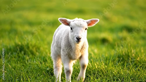 Cute white lamb standing in a sunny green spring field.