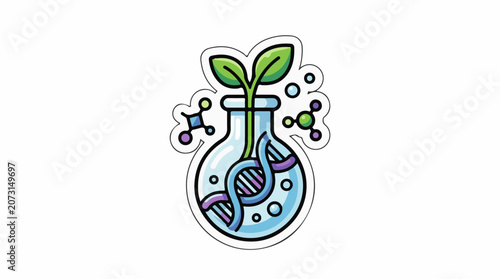 A cartoon illustration of a beaker with a green plant growing out of it containing DNA and bubbles