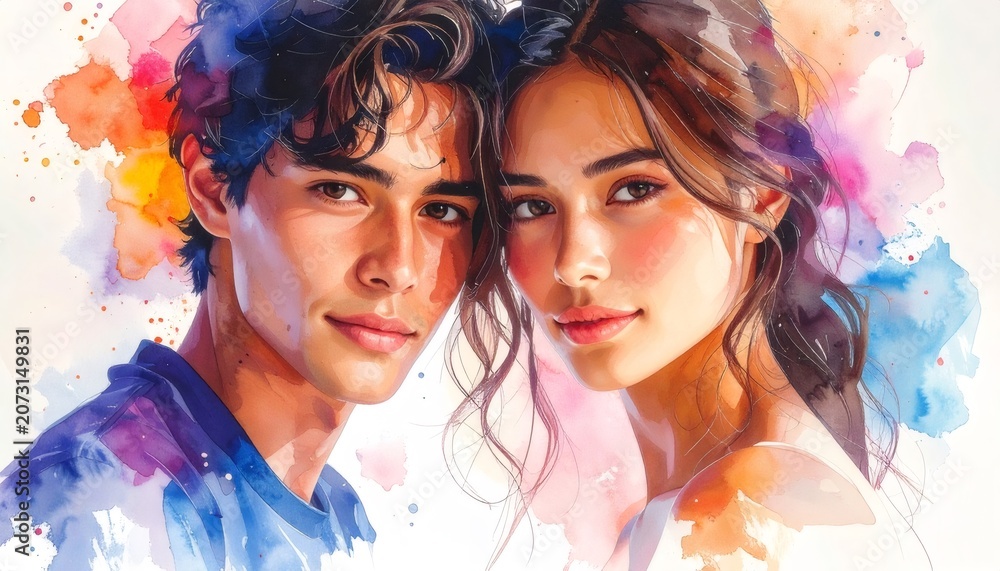 Obraz premium Young couple smiling, watercolor art with colorful splashes