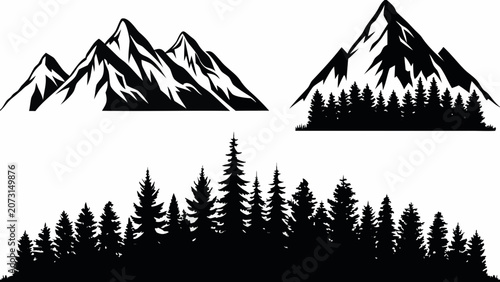 Принти на полотні Black and white vector illustration depicting mountain ranges and coniferous for
