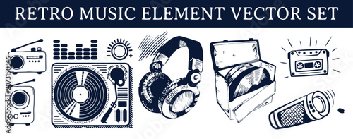 Photography Retro music element vector set, hand drawn vintage boombox, headphones, microphone and turntable sketch doodle pack isolated on white background